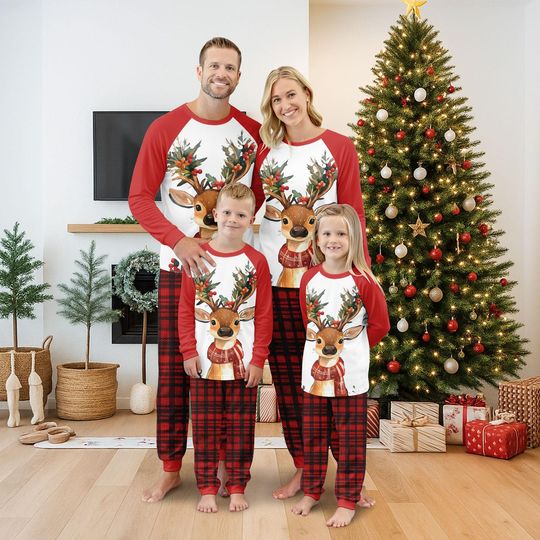Discover Reindeer Family Christmas Pajamas Set, Matching Holiday PJs, Red Plaid Long Sleeve Sleepwear
