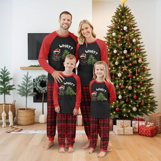 Christmas Family Pajama Set with Santa and Tree Prints, Red Plaid Sleepwear
