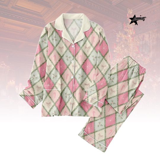 Pink Green Bow Christmas Pajama Set with Argyle Candy Cane Long Sleeve PJs for Adults