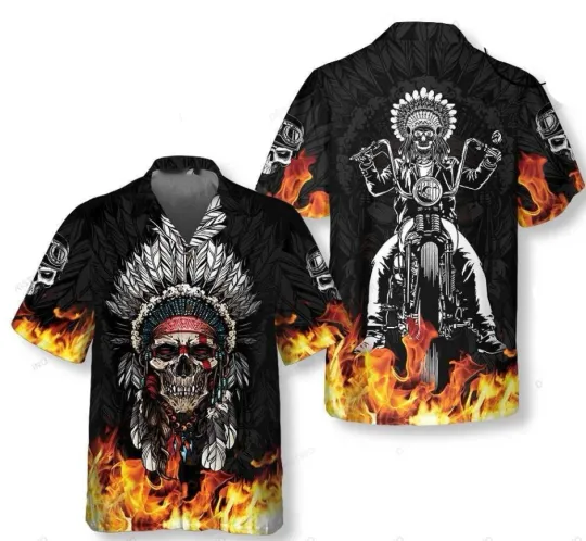 Discover Racing Indian Skull Fire Flame Biker Hawaiian Shirt
