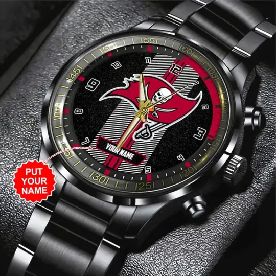 Tampa Bay Buccaneers Black Stainless Steel Watch – Personalized football Fan Timepiec