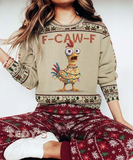 Discover F-Caw-F Ugly Christmas Sweater, Funny Chicken Sweater, Christmas 2025, Screaming Rooster Meme, Holiday Xmas Sweatshirt