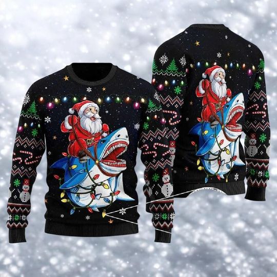 Discover Santa Shark Sleigh 3D Ugly Christmas Sweater, Funny Holiday Jumper for Men & Women