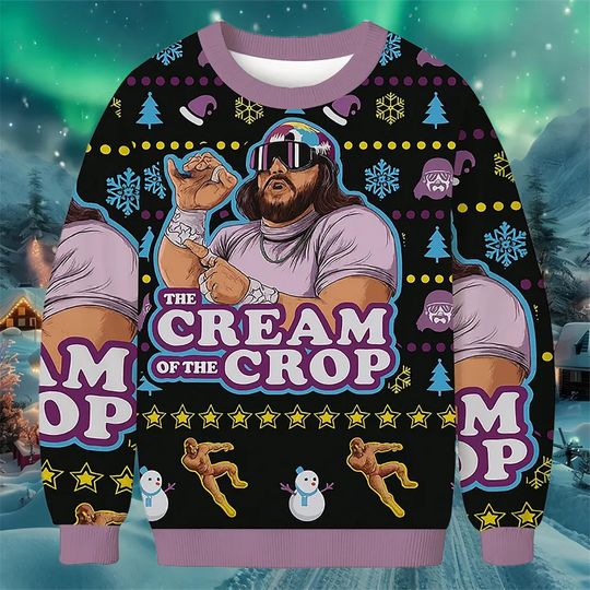 Discover Funny Cream of the Crop Ugly Christmas Sweater with Cartoon Character, Holiday Knit Pullover for Winter Party