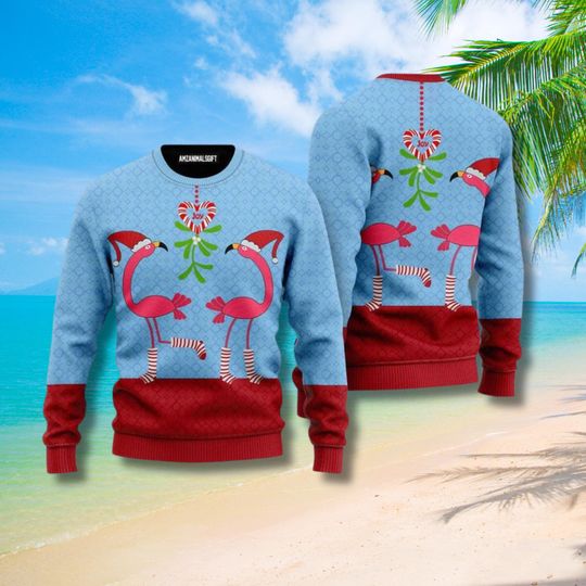 Tropical Flamingo Christmas Sweater Unisex Ugly Holiday Knit Blue Red Mistletoe Joy