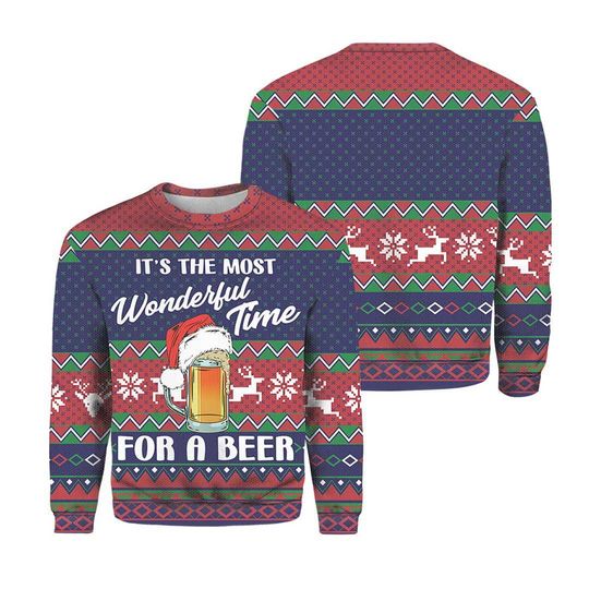 Discover Most Wonderful Time For A Beer 3D Christmas Sweater, Funny Beer Knitted Ugly Sweater for Beer Lovers