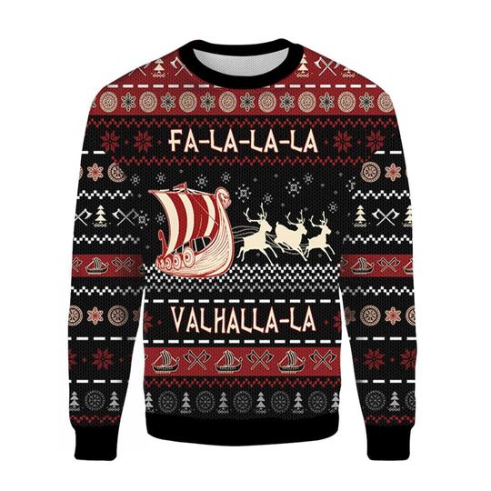 Falalala Valhalla Viking Christmas Ugly Sweater, Knitted 3D Gift Sweatshirt