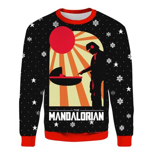 The Mandalorian 3D Ugly Christmas Sweater, Star Wars Knitted Holiday Sweater, Vintage Movie Character Christmas Pullover
