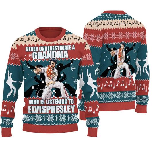 Discover Grandma Elvis Presley 3D Ugly Christmas Sweater, Knitted Elvis Lover's Sweater