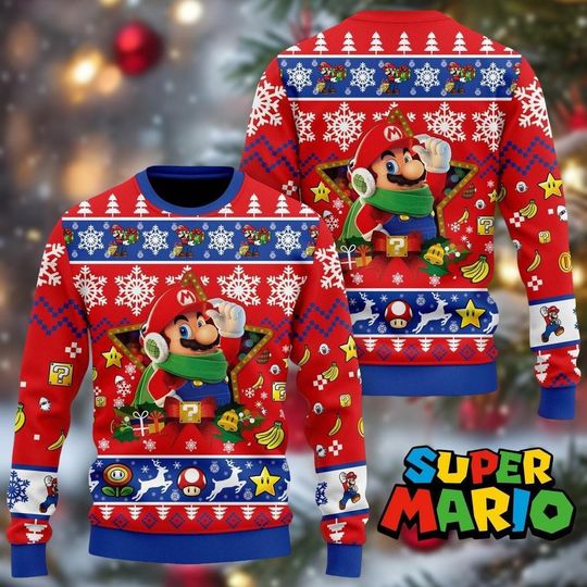 Christmas Mario Ugly Sweater, Super Mario Bros Holiday Sweater, Gaming Xmas Sweatshirt