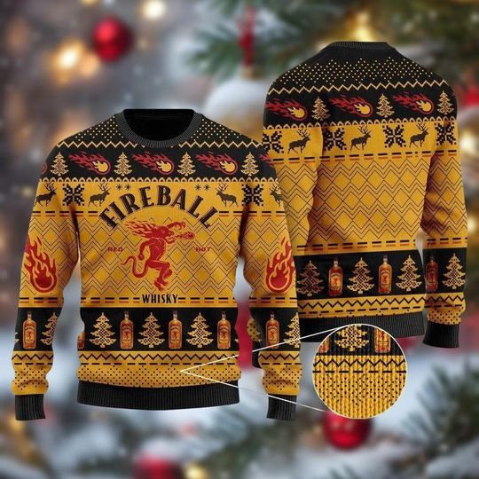 Fireball Whiskey Christmas Ugly Sweater, Christmas Drinking Shirt, Whisky Love Sweater for Men and Women, Xmas Party Gift