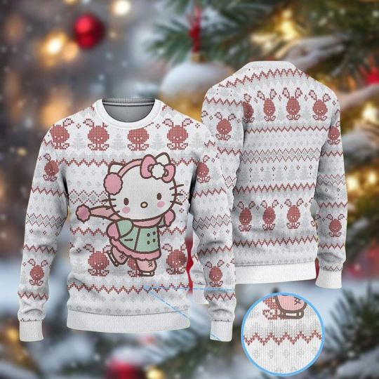 Pink Christmas Hello Kitty Ugly Sweater, Cute Cat Holiday Sweater, Cartoon Xmas Gift for Her