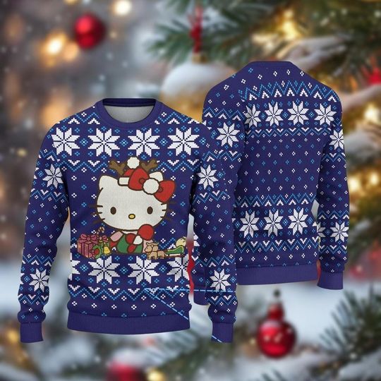 Hello Kitty Christmas Sweater, Kawaii Kitty Xmas Jumper, Cute Cat Holiday Pullover for Women and Kids