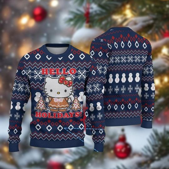 Hello Kitty Christmas Sweater, Kitty Cat Holiday Sweatshirt, Cute Cartoon Xmas Sweater for Kids and Women