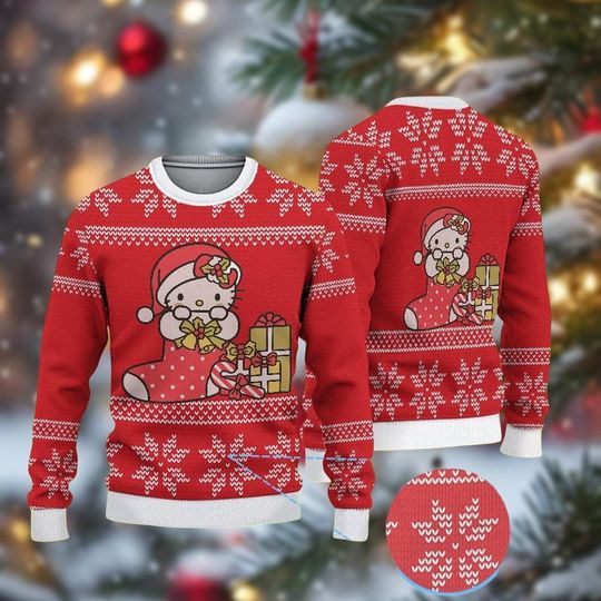 Hello Kitty Socks Christmas Ugly Sweater, Cute Kitty Holiday Sweater, Funny Xmas Sweater for Women and Kids