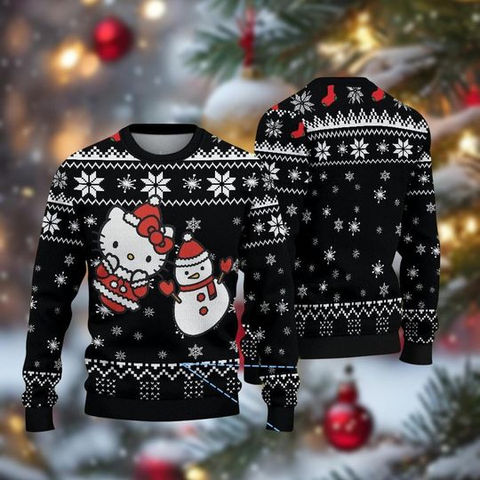 Hello Kitty Christmas Sweater, Snowman Holiday Sweatshirt, Cat Pattern Ugly Sweater, Women's Xmas Sweatshirt