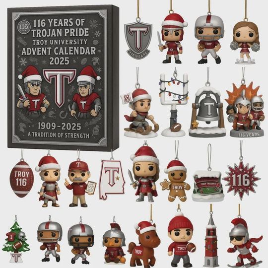 Troy University Trojans Advent Calendar 2025 | 116 Years of Trojan Pride Ornament Set | College Football Christmas Gift for Alumni Fans