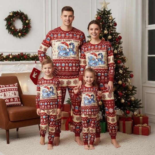 Discover Blue Tiger Family Pajamas Set, I Want a Derpy Tiger For Christmas Pajamas, Short Satin Pajamas, Christmas Pajamas, Holiday Pajamas