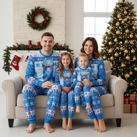 Derpy Tiger Family Christmas Pajamas Set, Demon Style Matching PJs, Holiday Sleepwear for Mom Dad Kids, Funny Festive Gift