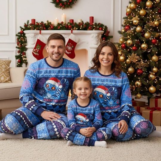 Discover Blue Tiger Christmas Pajama Set, Santa Hat Tiger Long Sleeve Pajamas, Cute Kawaii Gift for Men And Women, Funny Xmas Holiday Gift