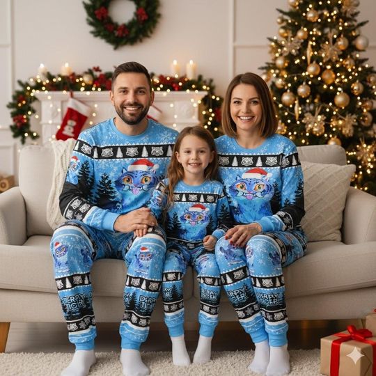 Discover Blue Tiger Christmas Pajama Set, Santa Hat Tiger Long Sleeve Pajamas, Cute Kawaii Gift for Men And Women, Funny Xmas Holiday Gift