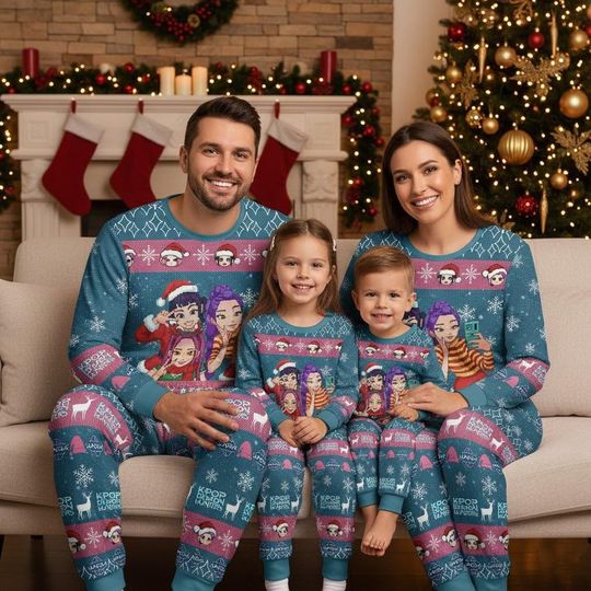 Demon Hunters Christmas Pajama Set, Kpop Idol Santa Hat Long Sleeve Pajamas, Girl Group Anime Sleepwear Set, Funny Xmas Holiday Gift