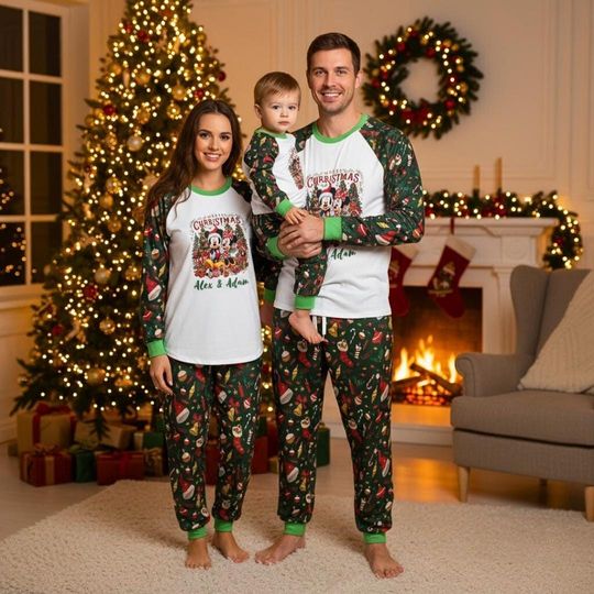 Discover Personalized Mickey Xmas Pajamas Set, Custom Name Pajamas Family Set, Santa Claus Outfit Pajamas, Movie Gift For Fans,Matching Family Pajama