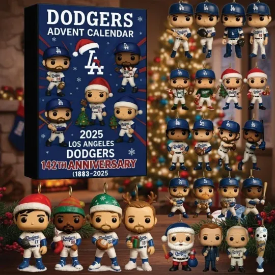 LA 142nd Anniversary 2025 Advent Calendar24 Assorted Dodgers Ornaments, 2D Flat