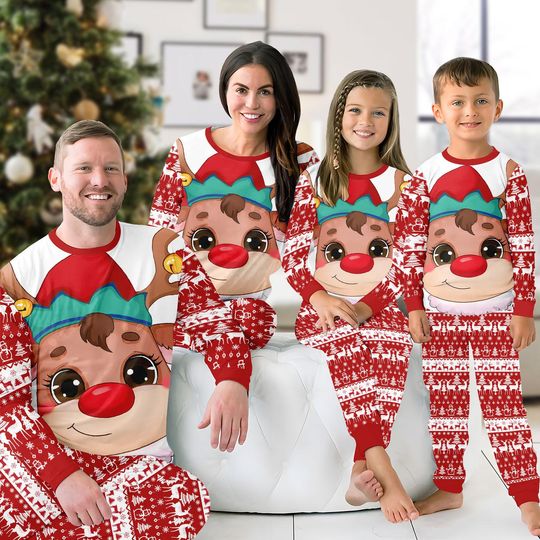 Discover Cartoon Deer Santa Pajama Set, Family Christmas Pajamas, Red Deer Print Home Sleepwear, Gift Holiday For Men Women And Kids