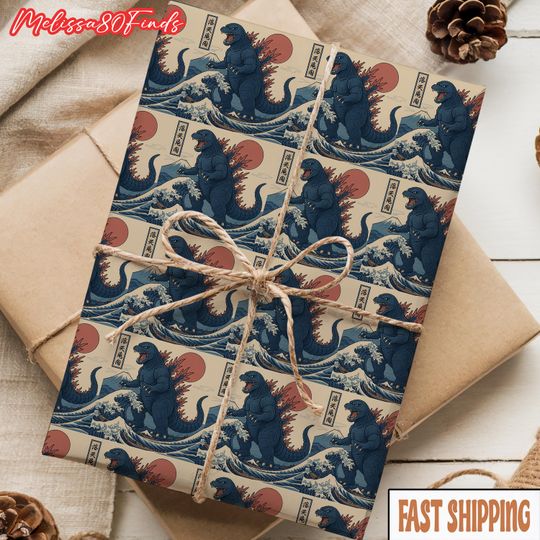 god zilla Wrapping Paper, Japanese Wave Art Christmas Gift Wrap, Monster Holiday Wrapping Paper, Christmas Gift Wrap for Him
