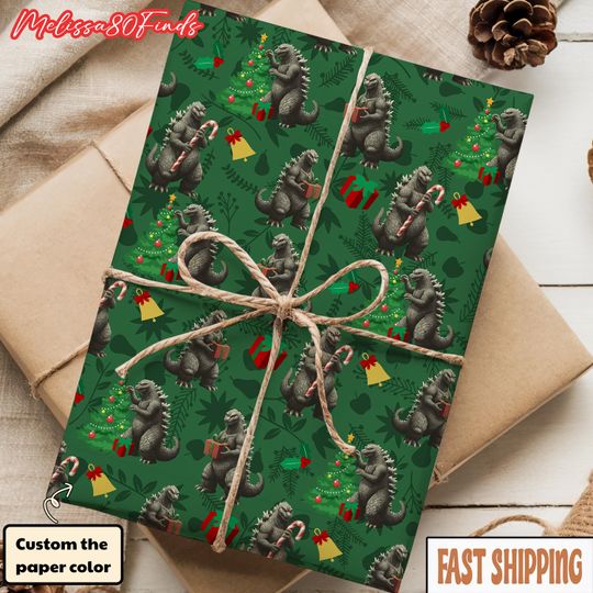 Funny god zilla Christmas Wrapping Paper, Holiday Gift Wrap for Monster Fans, Movie Lovers, and Kaiju Collectors