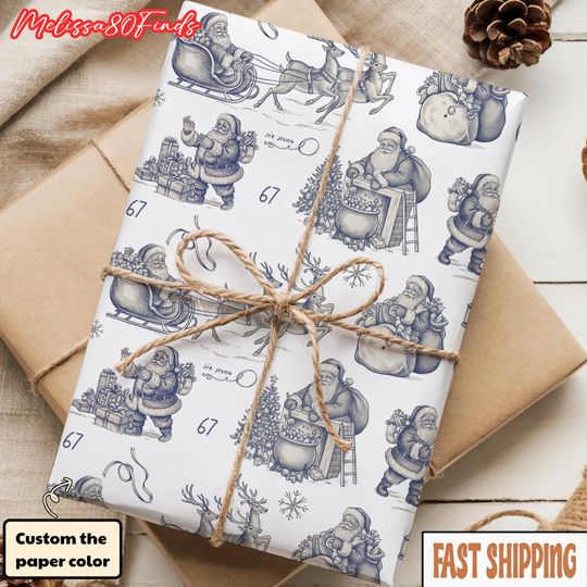 Toile de Jouy Style Six Seven Santa Wrapping Paper, Vintage Red White Christmas Gift Wrap, Elegant Holiday Wrapping Sheet