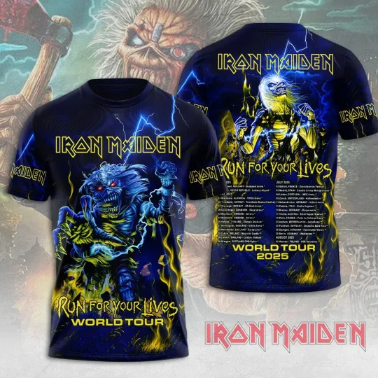 Iron Maiden Run For Your Lives World Tour 2025 Licensed 3D T-Shirt