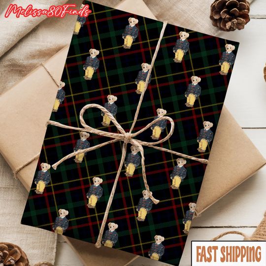 Discover Vintage Plaid Teddy Bear Christmas Wrapping Paper, Dark Tartan Holiday Gift Wrap, Traditional Xmas Paper