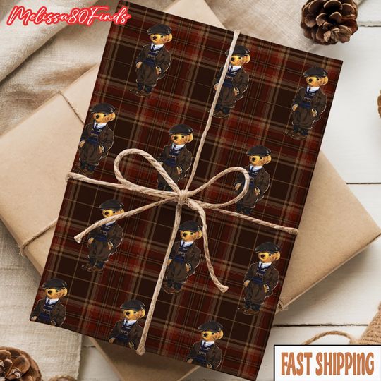 Discover Tartan Teddy Bear Christmas Wrapping Paper, Dark Heritage Holiday Gift Wrap, Classic Plaid Christmas Decor-Luxury Matte or Glossy Paper