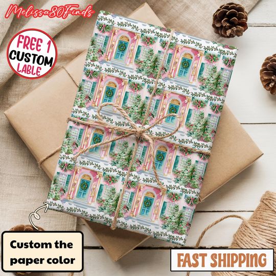 Discover Elegant Christmas Gift Wrap, Pink Winter Village Wrapping Paper, Holiday Boutique Scene, Cute Festive Packaging, Gift Wrapping