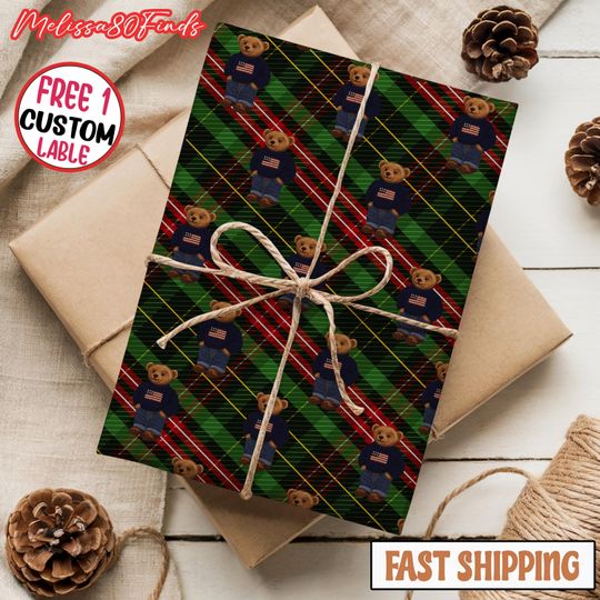 Discover Teddy Bear Christmas Wrapping Paper, Classic Luxury Gift Wrap Roll, Cozy Winter Bear Pattern Holiday Paper for Elegant Xmas Presents