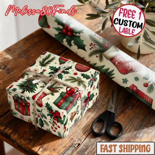 Discover Vintage Christmas Wrapping Paper, Retro Holiday Gift Wrap with Holly, Christmas Gift Wrapping Paper