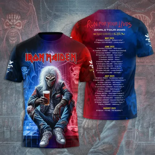 Iron Maiden Run For Your Lives World Tour 2025 Licensed 3D T-Shirt