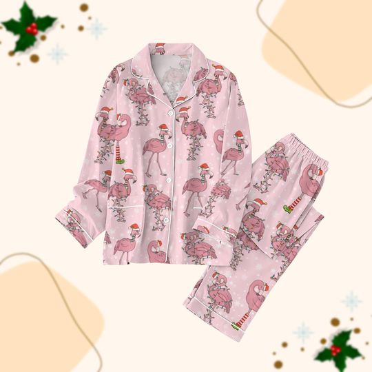 Flamingo Christmas Pajamas Set, Cute Animal Women Pajamas, Family Pajamas For Party, Tropical Xmas Pjs, Flamingo Lover Gift For Her