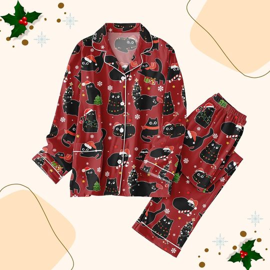 Black Cat Christmas Pajamas Set, Cute Cat Xmas Family Matching Pajamas, Animals Holiday Pajamas, Funny Cats Pjs, Xmas Gift For Cat Love