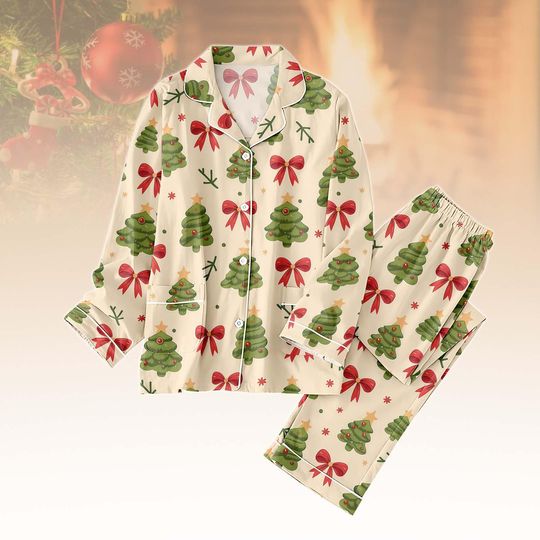 Christmas Tree Bows Pajamas Set, Merry Christmas Holiday Pajamas, Cute Xmas Loungewear, Pine Tree Family Pajamas, Xmas Gifts Ideas