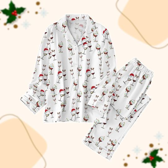 Christmas Wine Christmas Pajamas, Drinks Holiday Pajamas, Pajamas For Party, Wine Lover Gift, Bridesmaid Pj Sets, Matching Pjs Set