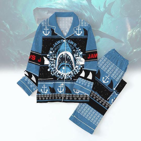Shark Pajama Set, Jaws 50th Anniversary Movie Pajamas Pants, Great White Shark Bridesmaid Pajamas, Shark Sleepwear For Fan