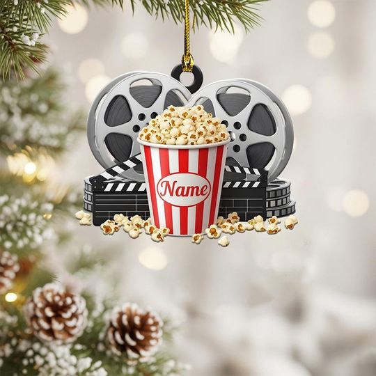 Personalized Movie Night Ornament, Popcorn Bucket Christmas Ornament, Gift for Movie Lovers & Film Fans