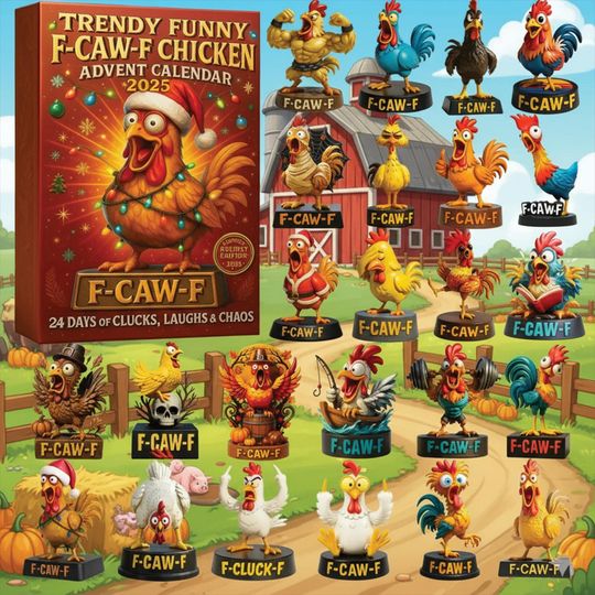 Discover Trendy Funny F-Caw-F Chicken Advent Calendar 2025 : 24 Assorted Chicken Figurines