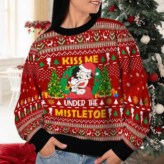 Discover Betty Boop Ugly Christmas Sweater, Kiss Me Under The Mistletoe Sweater, Cartoon Christmas Gift For Women And Kids