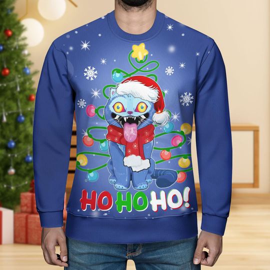 Blue Tiger Christmas Ugly Sweater, Kpop Tiger Ho Ho Ho Sweatshirt, Cute Demon Tiger Xmas Holiday Gift