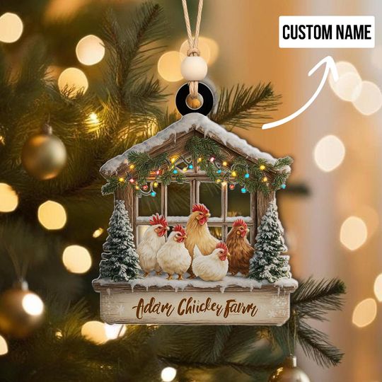 Discover Personalized Chicken Farm Ornament, Custom Name Hen House Christmas Decoration, Farmhouse Gift for Chicken Lovers