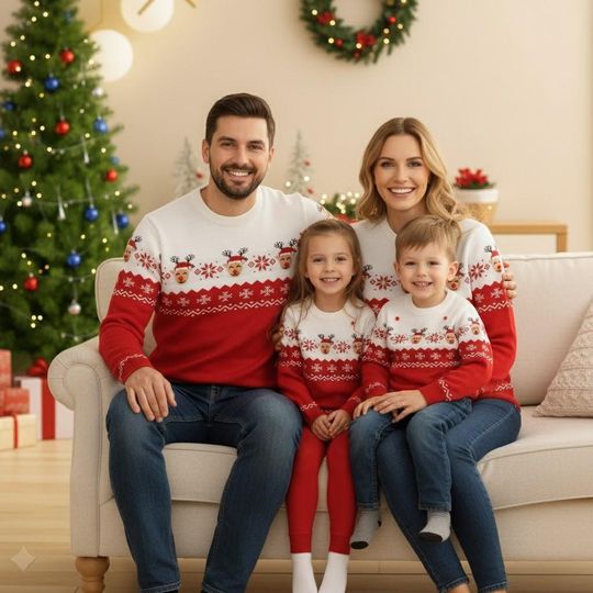 Discover Family Ugly Christmas Sweater, Red Reindeer Xams Sweater, Funny Ugly Xmas Jumper with Snowflakes, Xmas Holiday Gift for Men Women Kids